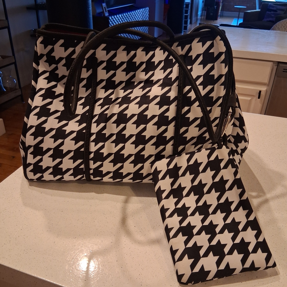 Elegant Houndstooth Tote with Red Interior